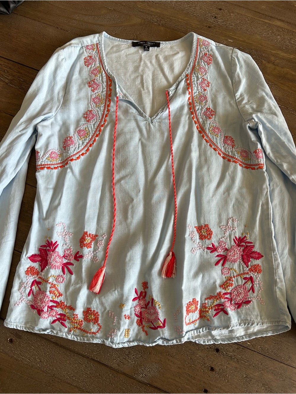 Romeo & Juliet Top Light Blue Embroidered Peasant Top with Pink Accents